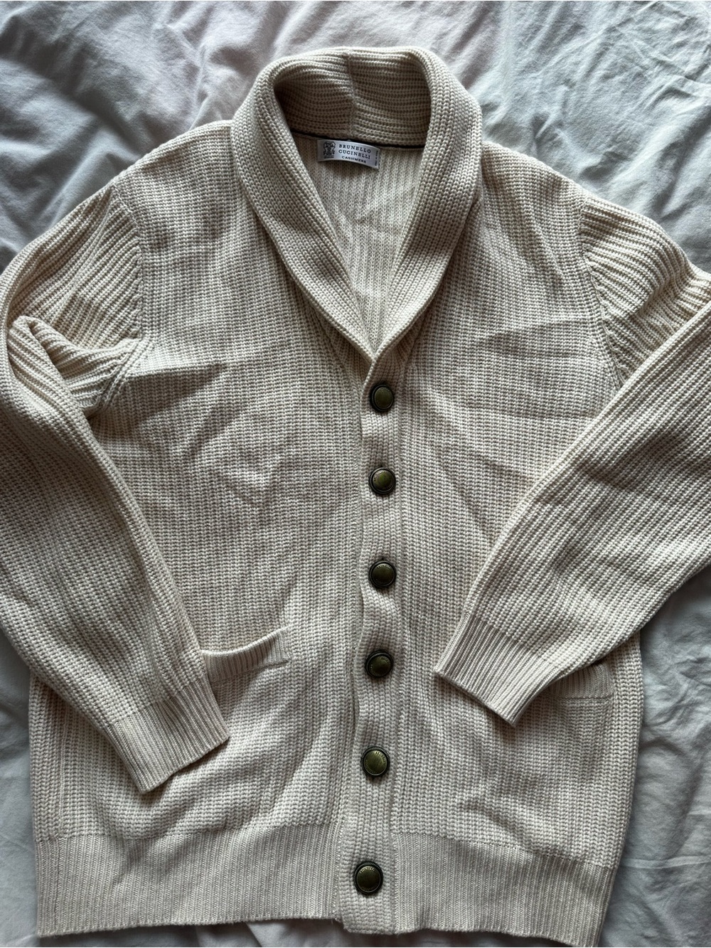 Brunello Cucinelli Classic Knit Cardigan Button Front Cream Cashmere Blend 54